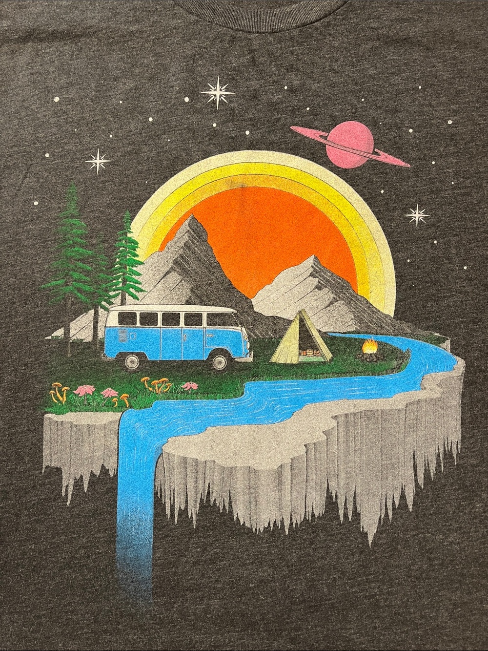Curbside Men’s Space Galaxy Camping Van Black Short Sleeve Crewneck T-Shirt LG